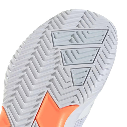 Close-up of the adidas Defiant Speed 2 Women's Tennis Shoes in Cloud White/Halo Blue/Beam Orange, highlighting the herringbone sole, gray geometric accents, and orange heel section—lightweight shoes designed for dynamic tennis performance.