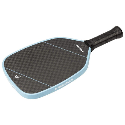 The HEAD Gravity Tour 2025 Pickleball Paddle in Carbon Black/Blue features a black and gray checkered 12K carbon surface, light blue edge, black grip handle, and the "HEAD" logo printed on the side.
