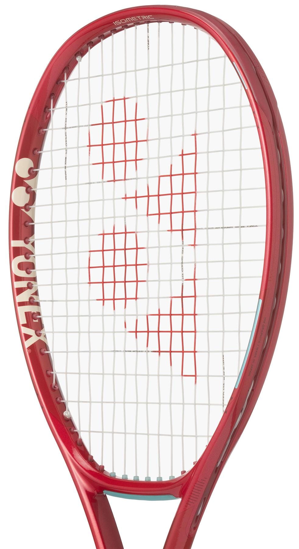 The Yonex VCORE 98 Tour Ruby Red 2026 tennis racket features white strings with a red Yonex logo on the string bed and the brand name on the frame, designed for maximum spin and performance.