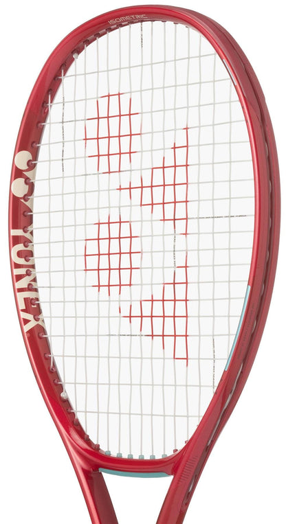 The Yonex VCORE 98 Tour Ruby Red 2026 tennis racket features white strings with a red Yonex logo on the string bed and the brand name on the frame, designed for maximum spin and performance.