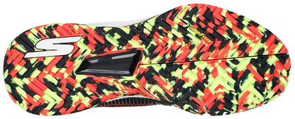 The image features the Skechers Viper Court Pro 2.0 Tennis Shoes - Black / Multi with a vibrant multicolored sole, bold "Goodyear" in yellow, a white "S" logo, striking red, yellow, black and white patterns, plus Arch Fit technology.