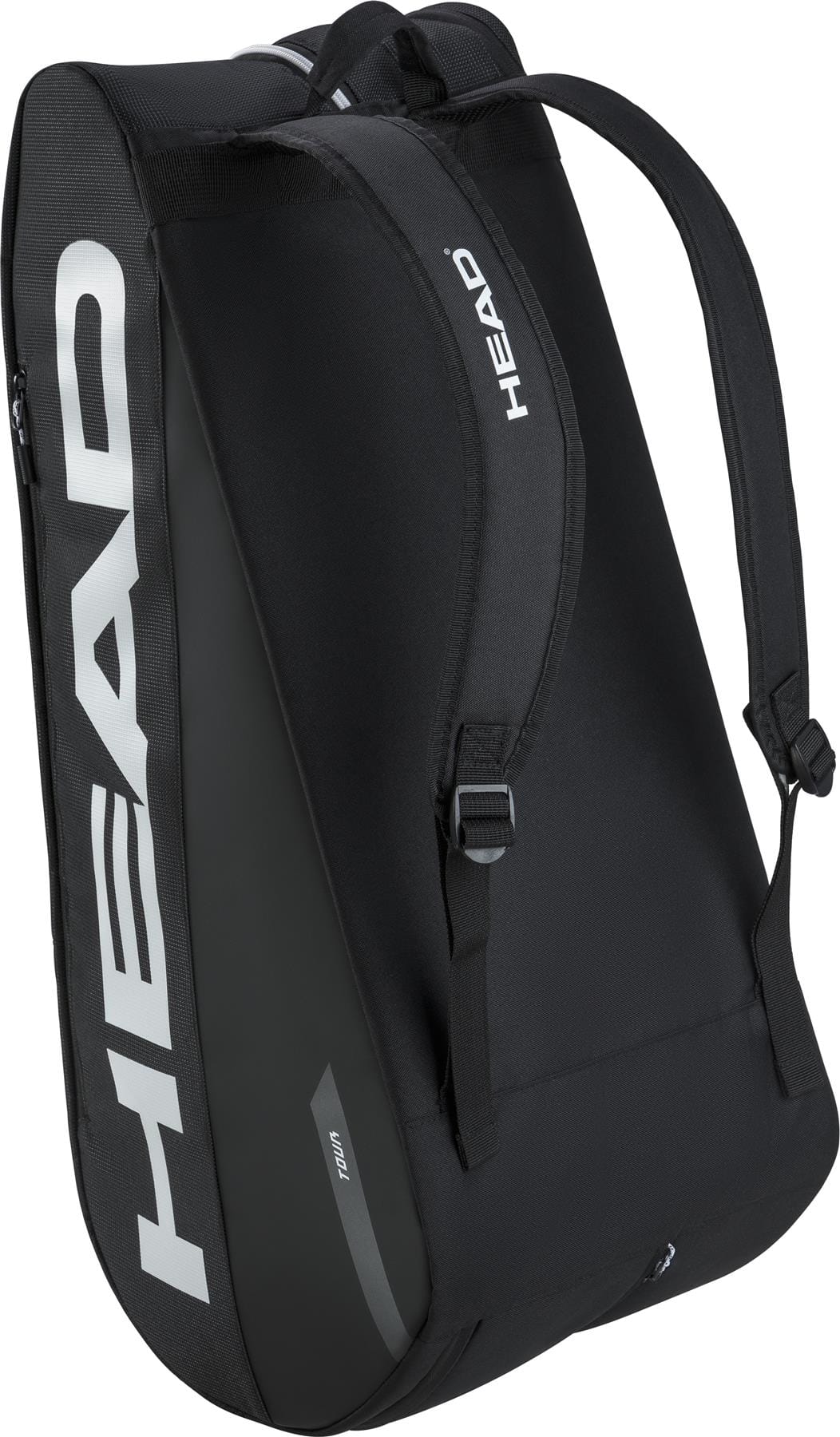 A black HEAD Tour 9 Racket Tennis Bag L features bold white "HEAD" branding on the side and straps, padded shoulder straps, and a sleek, modern design—ideal for players needing a compact yet stylish option from HEAD.