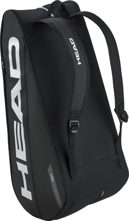 A black HEAD Tour 9 Racket Tennis Bag L features bold white "HEAD" branding on the side and straps, padded shoulder straps, and a sleek, modern design—ideal for players needing a compact yet stylish option from HEAD.