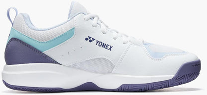 The Yonex Pro-Move Classic Mens Tennis Shoes in White/Sax feature a lace-up design, blue and purple accents, textured sole, advanced Power Cushion technology, and are shown from the side.