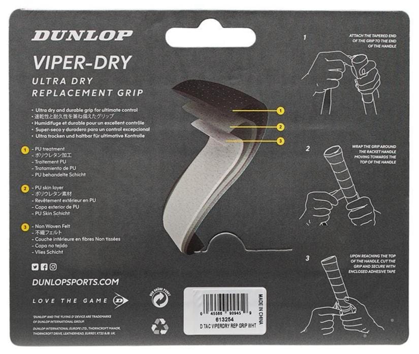 Packaging for the Dunlop Viper-Dry Replacement Tennis Grip - White by Dunlop, renowned for its exceptional durability. It comes with images and detailed instructions on installing the grip on a racquet. The black packaging showcases white and yellow text, emphasizing the grip's superior perspiration absorption with a layered material diagram.