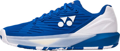 The Yonex Power Cushion Eclipsion 5 Mens Tennis Shoes in blue and white feature a lightweight, textured upper, patterned sole, and white side logo—ideal for sports stability.