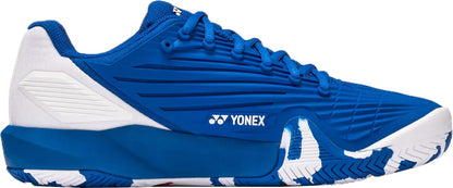 The Yonex Power Cushion Eclipsion 5 Men's Tennis Shoes in blue and white feature a textured design, white heel accents, the Yonex logo on the side, and a patterned sole for superior traction and stability.
