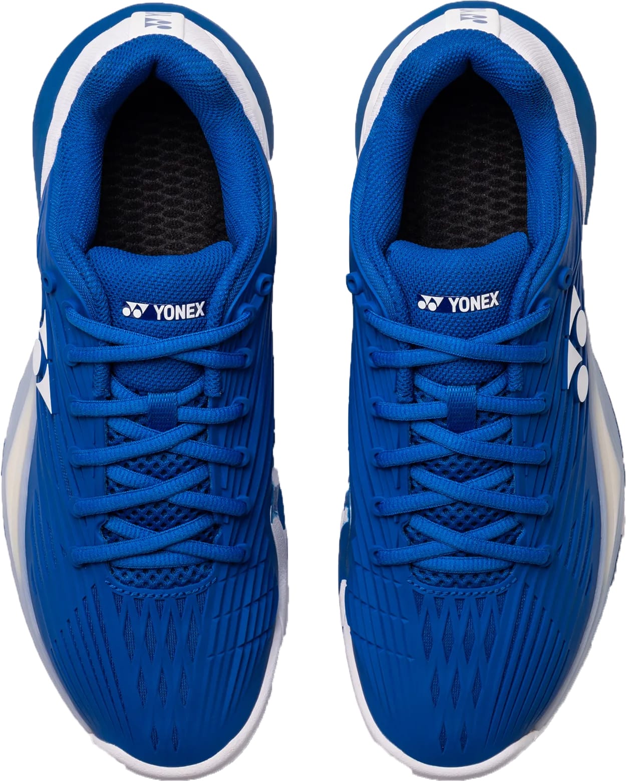 Top view of Yonex Power Cushion Eclipsion 5 Men's Tennis Shoes in blue/white, featuring white accents, black inner soles, neatly tied laces, and Yonex logos on the tongue and side.