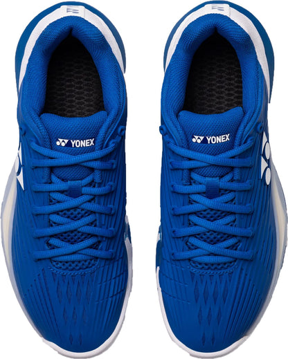 Top view of Yonex Power Cushion Eclipsion 5 Men's Tennis Shoes in blue/white, featuring white accents, black inner soles, neatly tied laces, and Yonex logos on the tongue and side.