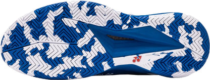 Close-up of the blue and white sole on Yonex Power Cushion Eclipsion 5 Mens Tennis Shoes, showing a detailed zigzag tread for superior grip and traction.