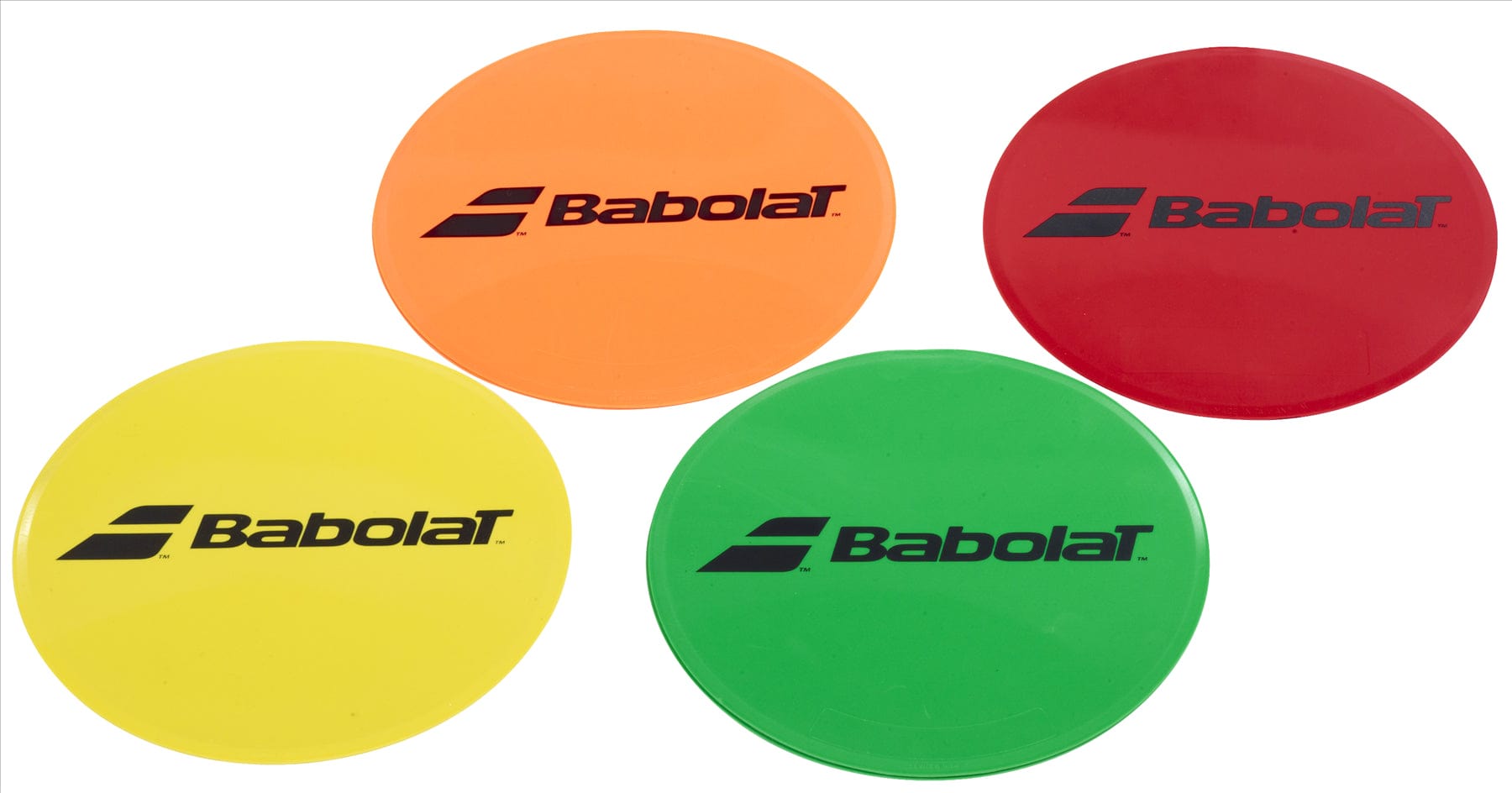 This set of four round markers in vibrant orange, red, yellow, and green is designed to complement your Babolat Mini Tennis Training Kit. Against a white background, each marker showcases the iconic Babolat logo in black, making them ideal for enhancing your training setup.