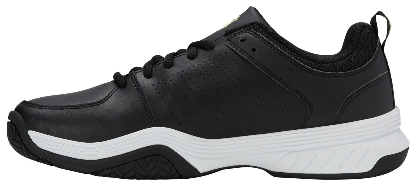 The K-Swiss Express 2 Mens Tennis Shoes in Black/White/Soft Neon Green showcase a low-cut, tennis-inspired design with black laces, perforated sides, padded collar, pull tab, and a thick white sole accented by black tread.