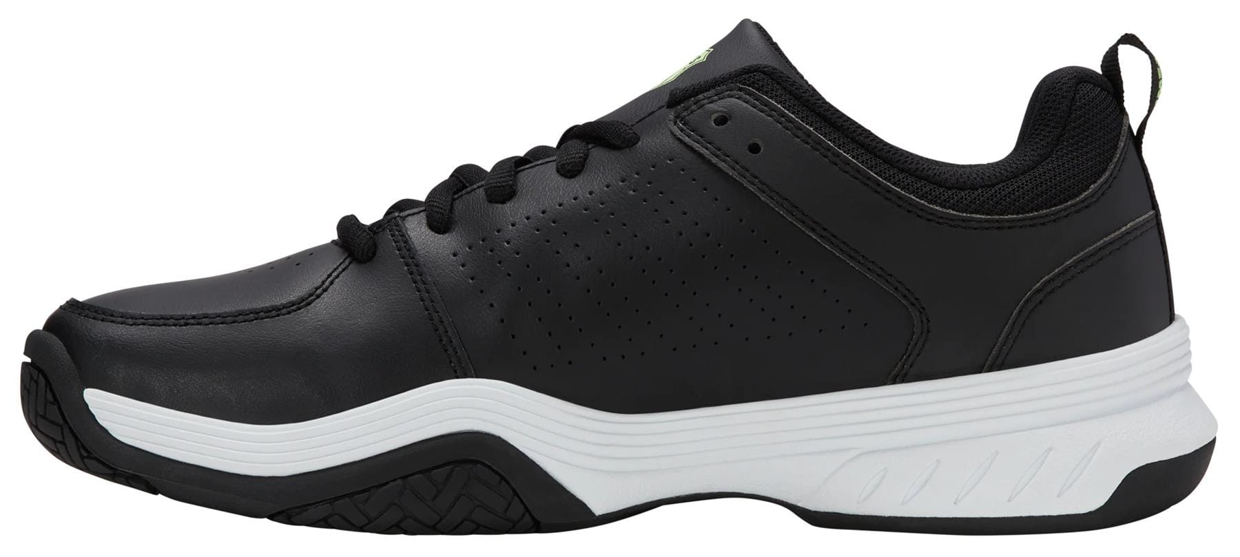 The K-Swiss Express 2 Mens Tennis Shoes in Black/White/Soft Neon Green showcase a low-cut, tennis-inspired design with black laces, perforated sides, padded collar, pull tab, and a thick white sole accented by black tread.