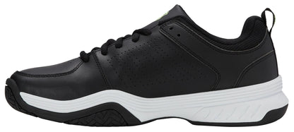 The K-Swiss Express 2 Mens Tennis Shoes in Black/White/Soft Neon Green showcase a low-cut, tennis-inspired design with black laces, perforated sides, padded collar, pull tab, and a thick white sole accented by black tread.