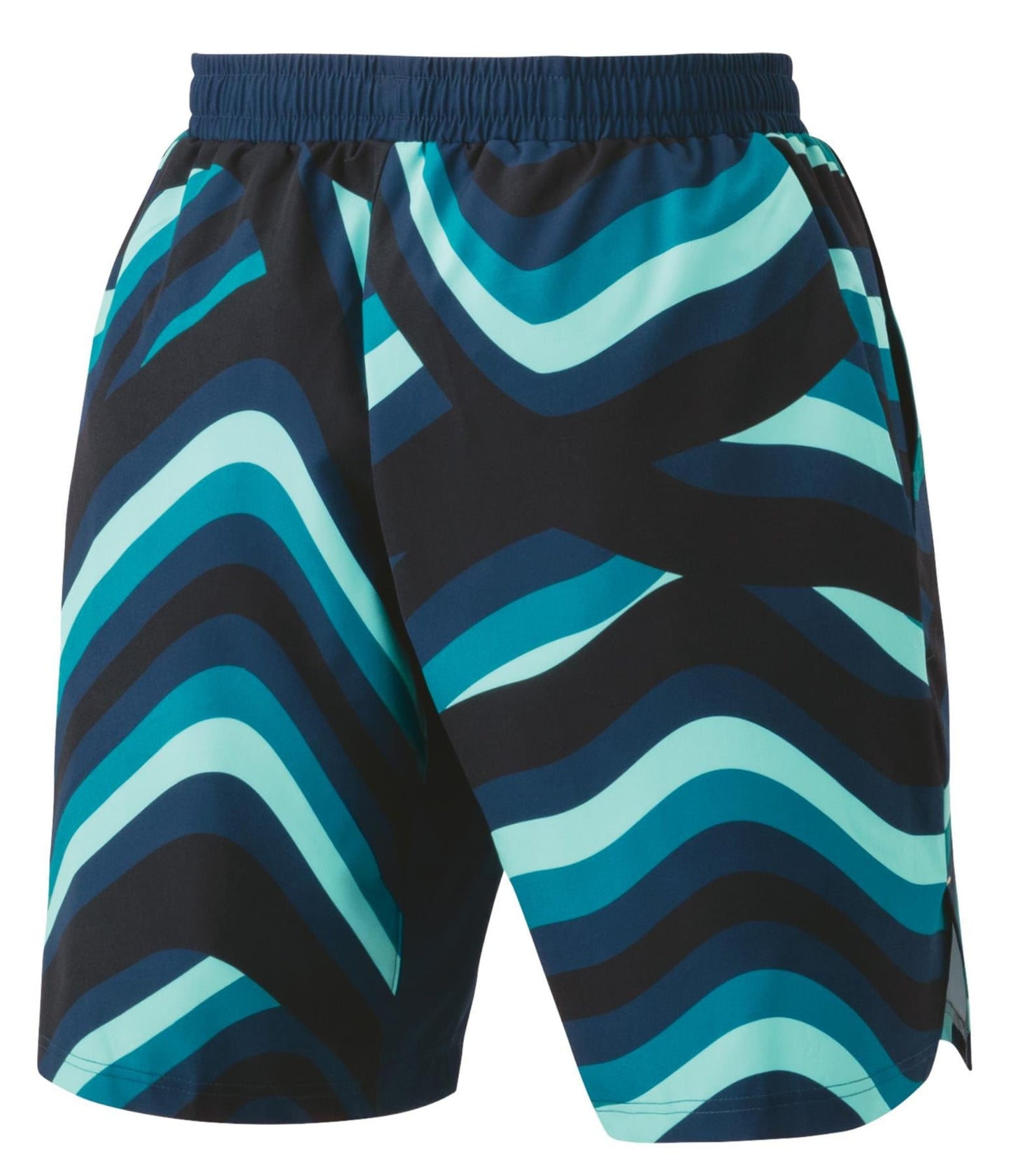 The Yonex 15162EX Men's Tennis Shorts in Indigo Marine boast an elastic waistband and a dynamic wavy pattern in shades of blue, teal, and black. Equipped with VeryCool technology, they provide UV reduction for optimal comfort on the court.