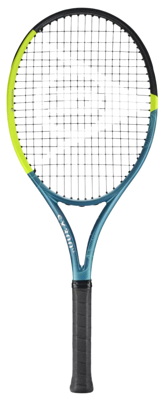 The Dunlop SX 300 LS 2025 Tennis Racket features Sonic Core technology, a blue frame with black strings and bright yellow accents, complemented by black grip tape for enhanced Spin Boost XT performance.