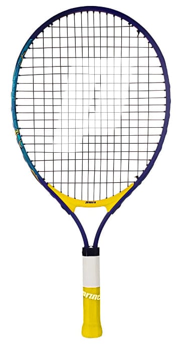 The Prince Ace/Face 26 2025 Junior Tennis Racket features a blue and yellow lightweight frame, black strings, and a yellow grip. Designed for juniors, it is shown against a white background. Brand name "Prince" appears on the throat.