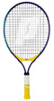 The Prince Ace/Face 26 2025 Junior Tennis Racket features a blue and yellow lightweight frame, black strings, and a yellow grip. Designed for juniors, it is shown against a white background. Brand name "Prince" appears on the throat.