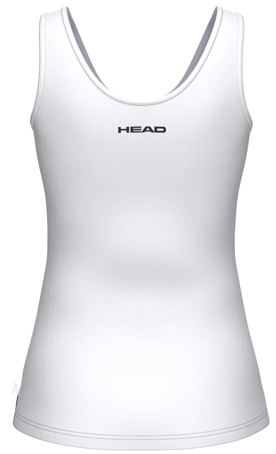 The HEAD Blur Womens Tennis Tank Top - PUXU is a sleeveless white top with "HEAD" in black on the upper back, offering breathable comfort and style—perfect for tennis performance.