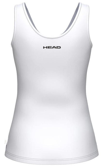The HEAD Blur Womens Tennis Tank Top - PUXU is a sleeveless white top with "HEAD" in black on the upper back, offering breathable comfort and style—perfect for tennis performance.