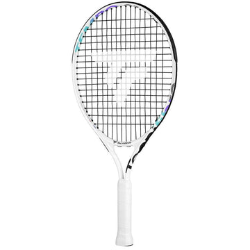 Introducing the Tecnifibre Tempo 21 Junior Tennis Racket in white, perfect for young players. This racket boasts a sleek black and purple design on the frame. The strings feature an elegant geometric pattern with a centrally placed Tecnifibre logo, and it comes with a comfortable white grip.