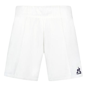 The Le Coq Sportif Pro Men's Tennis Shorts in Optical White are crafted from breathable material with an elastic waistband. They feature a signature blue bird logo on the lower left side, designed to provide optimal movement, making them perfect for sports or casual wear.