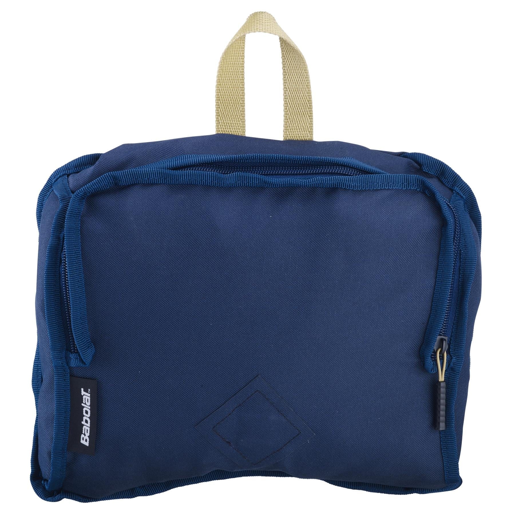 A dark blue rectangular backpack crafted from recycled PET features two zippers and a beige carrying handle. Perfect for your tennis essentials, the "Babolat" brand name is visible on a tag attached to the side, seamlessly combining style and functionality.