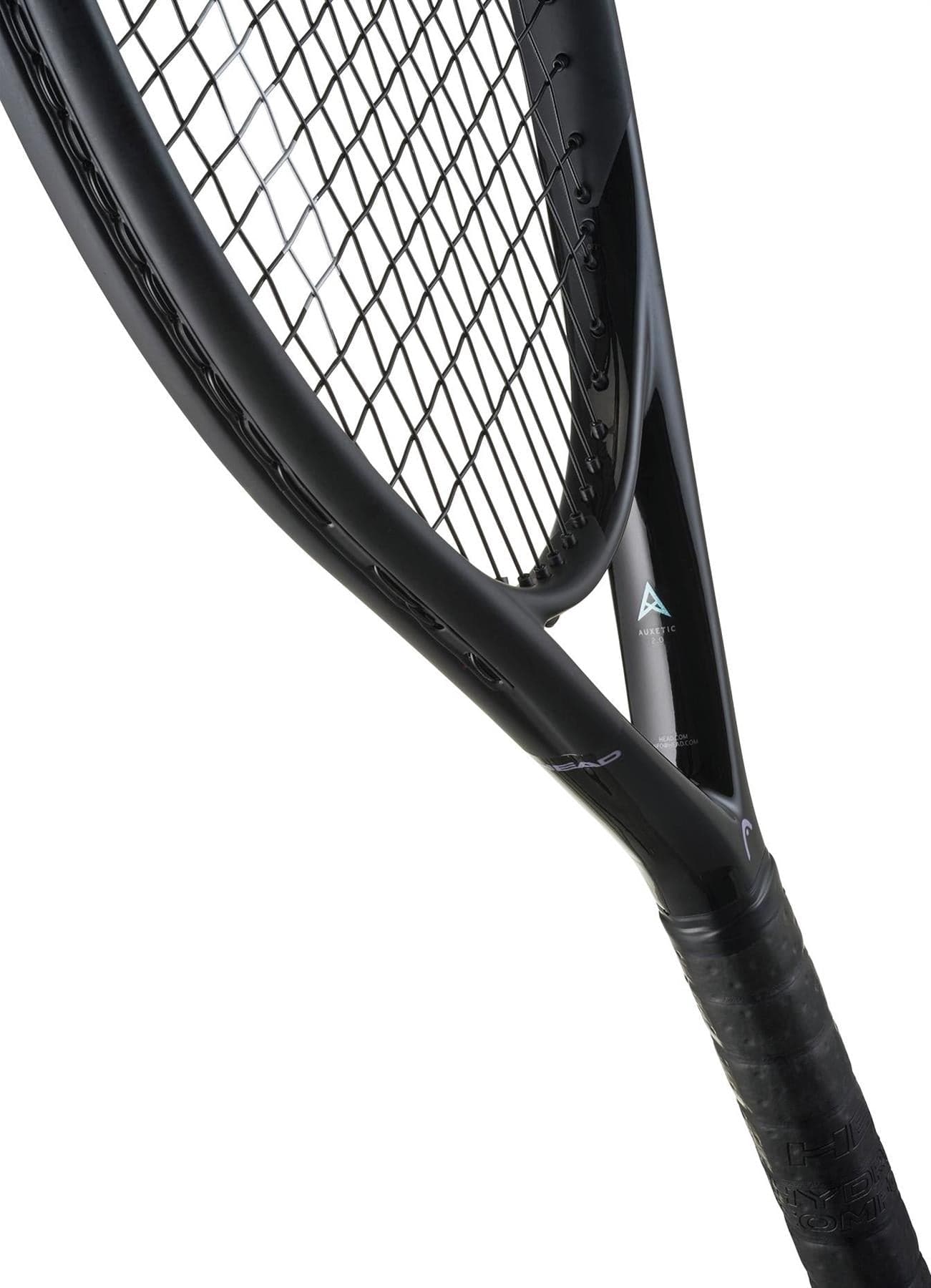Close-up of the HEAD PWR 115 Tennis Racket by HEAD, a lightweight racket for beginners, showing the handle, throat, and part of the stringed head against a white background.