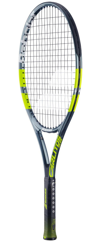 The Babolat Carlitos Junior 25 Tennis Racket features a black and yellow design with white strings and "Babolat" branding—perfect as a beginner-friendly junior tennis racket.