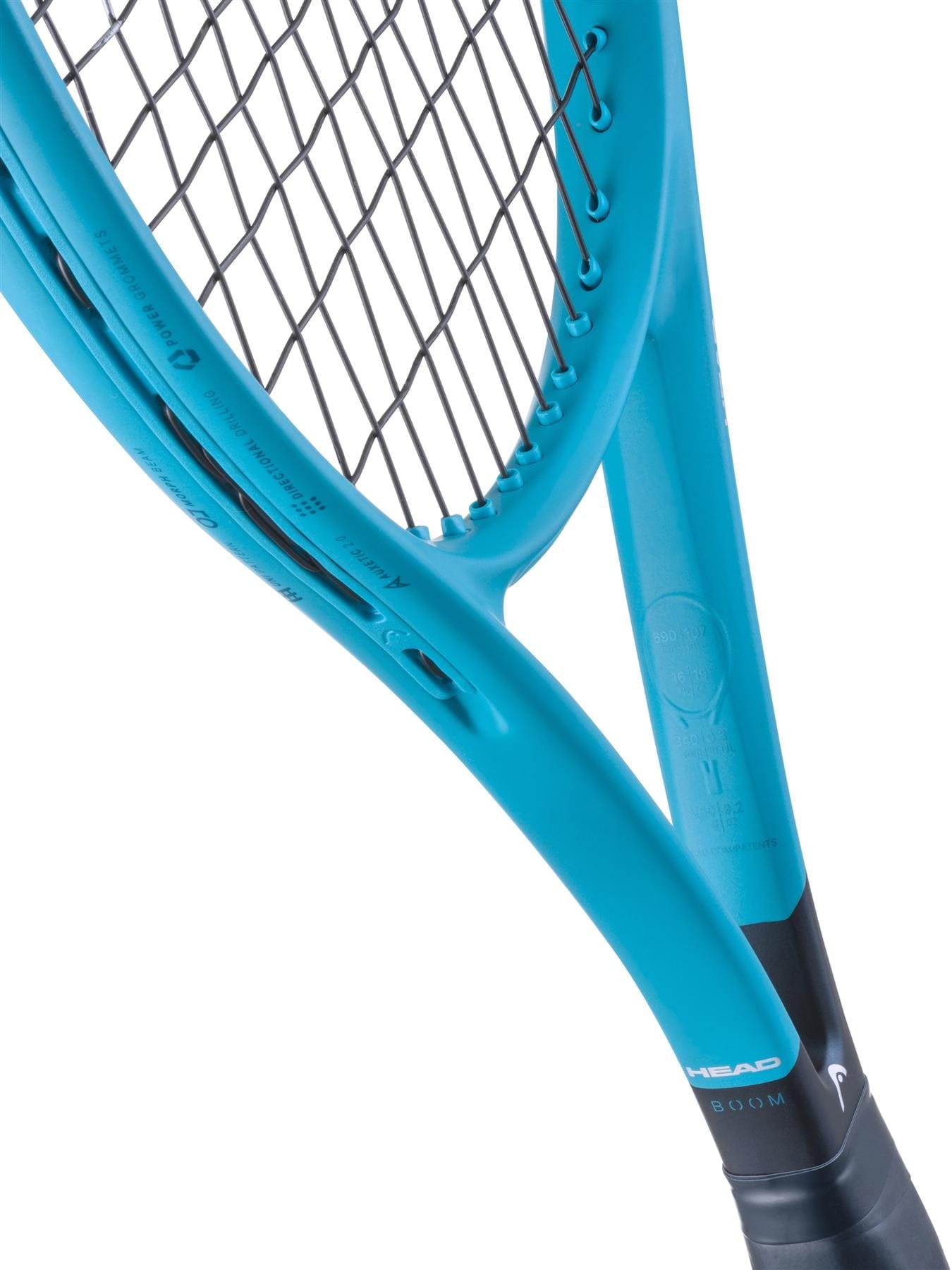 Close-up of a HEAD Boom Team 2026 Tennis Racket in blue with black strings and visible branding on the frame. The handle and part of the head appear against a white background, ideal as a beginner tennis racket.
