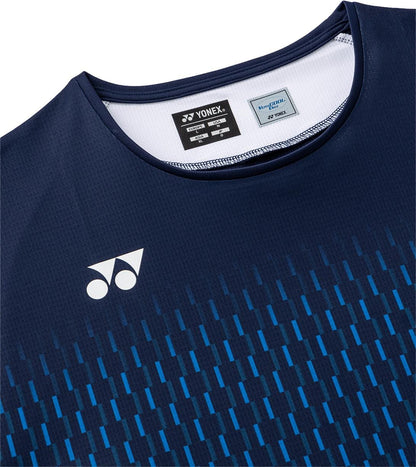 Close-up of the Yonex 10713EX Crew Neck Men's Tennis T-Shirt in Dark Navy, featuring a white Yonex logo, blue rectangular stripes, and visible neck tag. This Yonex shirt ensures excellent moisture management for active comfort.
