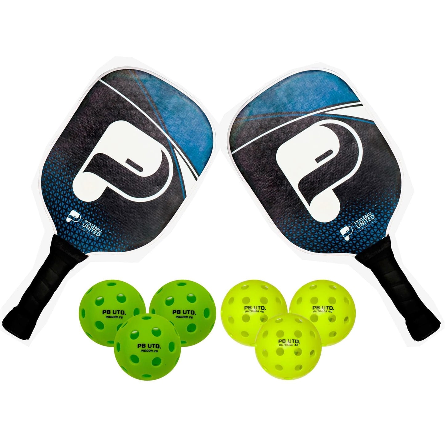 Two black and blue Pickleball United Freedom paddles from the Pickleball United Freedom 2 Player Pickleball Set are placed side by side above four yellow pickleballs with holes, all labeled "PB UTD.