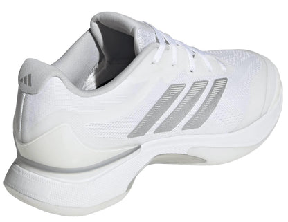 The adidas ADIDAS Avacourt 3 Womens Tennis Shoes in white feature light gray stripes, white laces, and a thick sole—ideal for stylish women seeking performance tennis shoes. Shown from an angled rear side view.