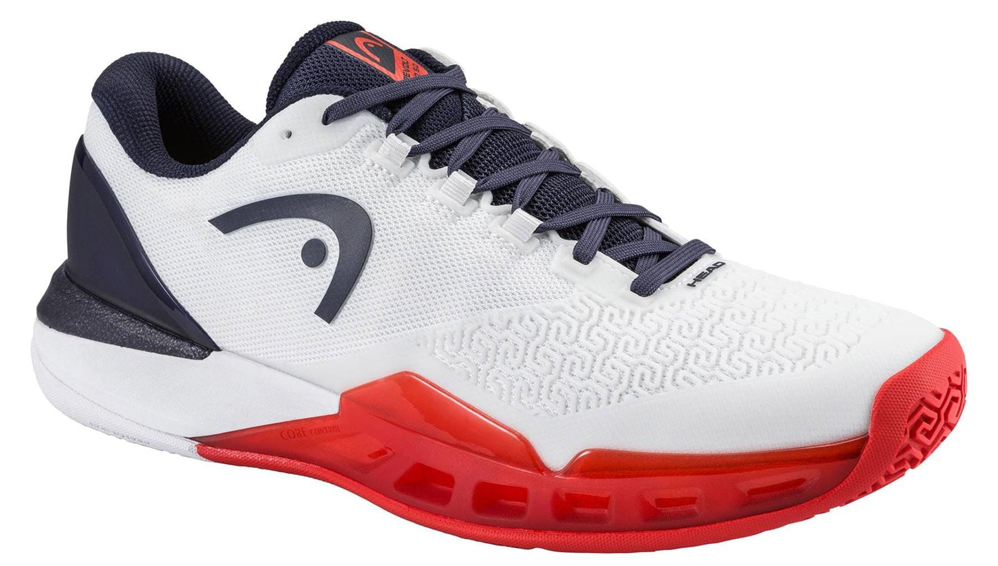 The HEAD Revolt Pro 5.0 Mens Tennis Shoes in White/Navy are athletic sneakers designed for baseline players, featuring a stylish look and top performance—ideal for those seeking quality men's tennis shoes from HEAD.