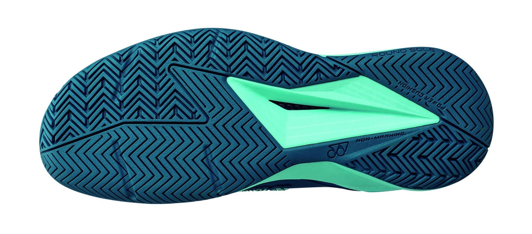 The sole of the Yonex Power Cushion Eclipsion 5 Men's Tennis Shoes in blue and green herringbone features a central cutout for flexibility. This shock-absorbing design includes text elements highlighting features such as "round sole" and "non-marking.