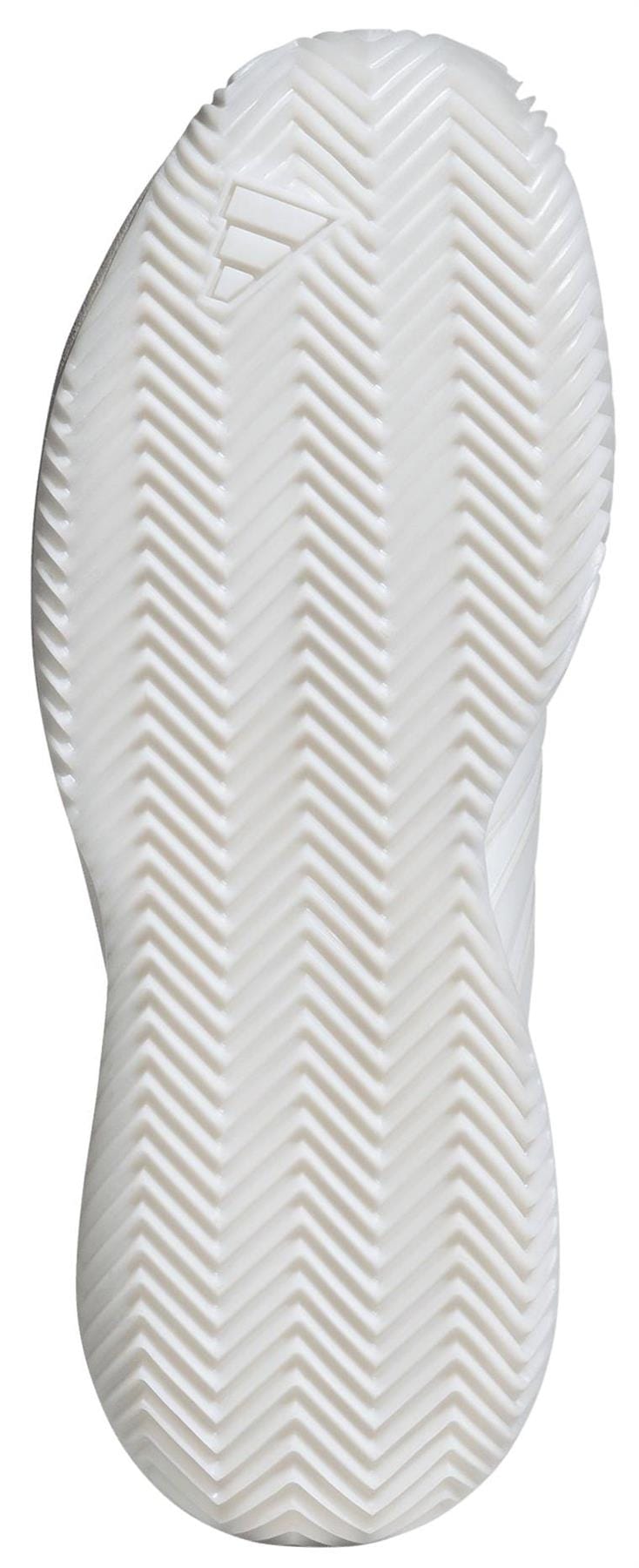 The image displays the white sole of the adidas AvaFlash Womens Tennis Shoes, showing a herringbone tread and a small triangular logo near the heel for court-ready grip.