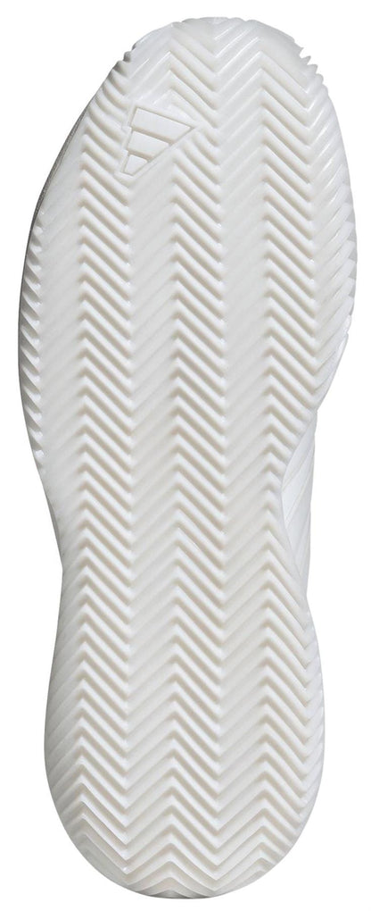 The image displays the white sole of the adidas AvaFlash Womens Tennis Shoes, showing a herringbone tread and a small triangular logo near the heel for court-ready grip.
