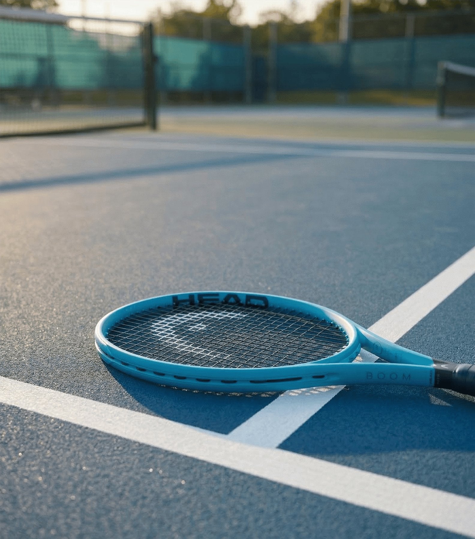 A HEAD Boom Elite 2026 Tennis Racket by HEAD lies on an outdoor court near white boundary lines, with a net and fence in the background—ideal for players seeking effortless power and improved performance.