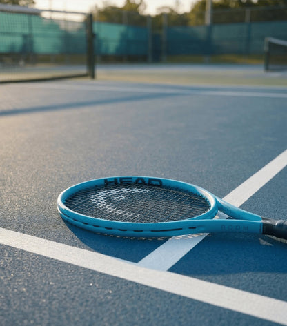 A HEAD Boom Elite 2026 Tennis Racket by HEAD lies on an outdoor court near white boundary lines, with a net and fence in the background—ideal for players seeking effortless power and improved performance.