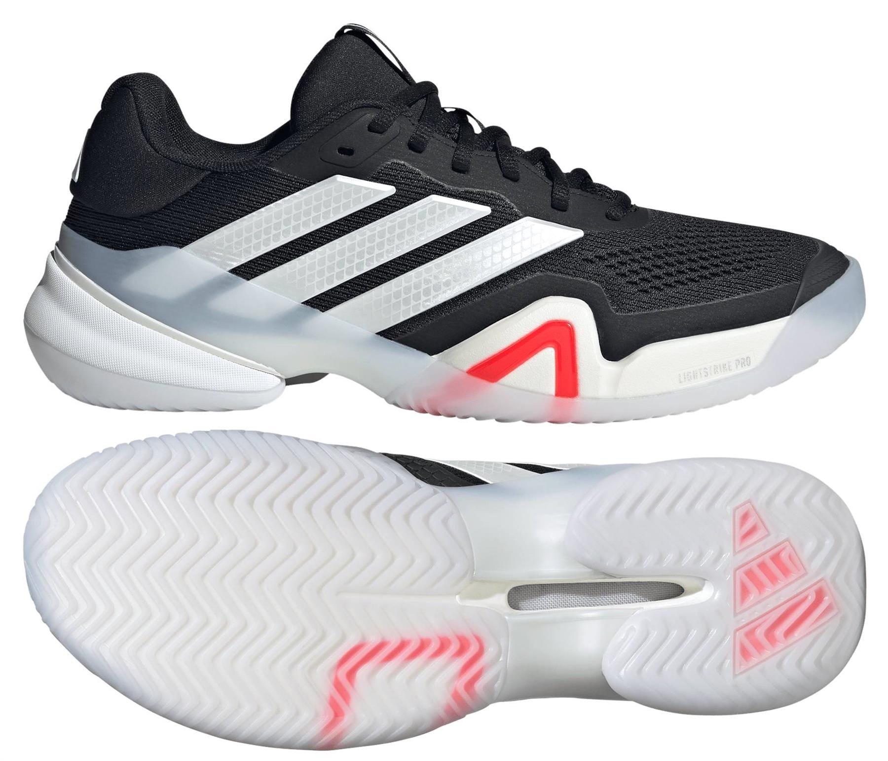 The adidas Barricade 14 Men's Tennis Shoes in black feature white accents, three white stripes, a translucent zigzag tread sole, and a red midsole detail—ideal for tennis courts.
