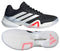 The adidas Barricade 14 Men's Tennis Shoes in black feature white accents, three white stripes, a translucent zigzag tread sole, and a red midsole detail—ideal for tennis courts.