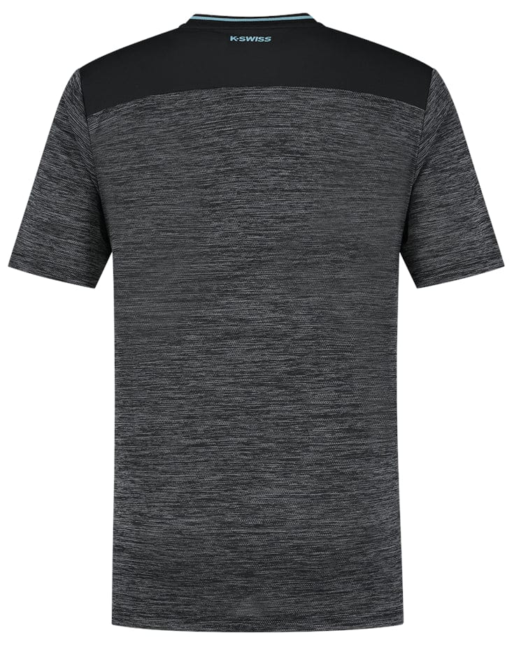 The K-Swiss Hypercourt Tennis T-Shirt in Jet Black Melange showcases a gray athletic design with a black shoulder panel and "K-Swiss" printed in blue on the upper back. As part of their high-performance collection, it features a heathered fabric for added style.