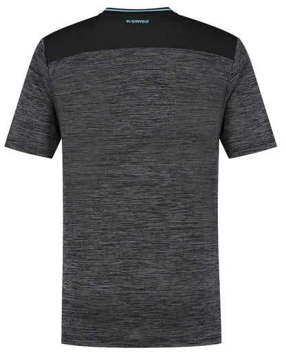 The K-Swiss Hypercourt Tennis T-Shirt in Jet Black Melange showcases a gray athletic design with a black shoulder panel and "K-Swiss" printed in blue on the upper back. As part of their high-performance collection, it features a heathered fabric for added style.