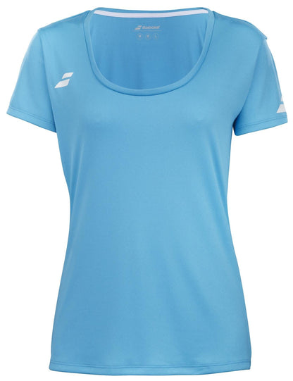 The Babolat Play Women's Cap Sleeve Tennis Top in Cyan Blue is crafted from recycled polyester fabric, featuring a round neckline and white logos on the chest and sleeve.