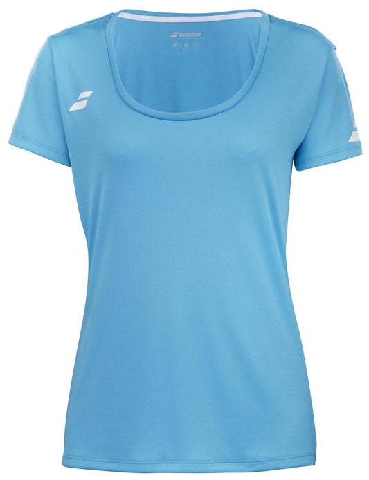 The Babolat Play Women's Cap Sleeve Tennis Top in Cyan Blue is crafted from recycled polyester fabric, featuring a round neckline and white logos on the chest and sleeve.