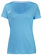 The Babolat Play Women's Cap Sleeve Tennis Top in Cyan Blue is crafted from recycled polyester fabric, featuring a round neckline and white logos on the chest and sleeve.
