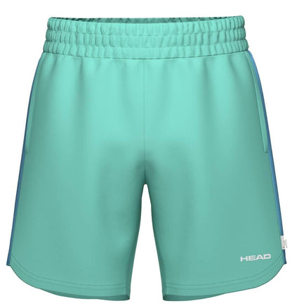 HEAD Power Men's Tennis Shorts in turquoise, featuring an elastic waistband, contrasting side panels, breathable fabric, and a white HEAD logo on the lower right leg.