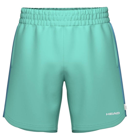 HEAD Power Men's Tennis Shorts in turquoise, featuring an elastic waistband, contrasting side panels, breathable fabric, and a white HEAD logo on the lower right leg.