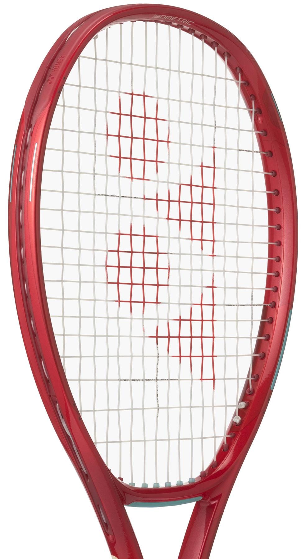 A close-up of the Yonex VCORE 98 Ruby Red 2026 Tennis Racket, featuring white strings and a red logo pattern, designed for maximum spin, shown against a white background.