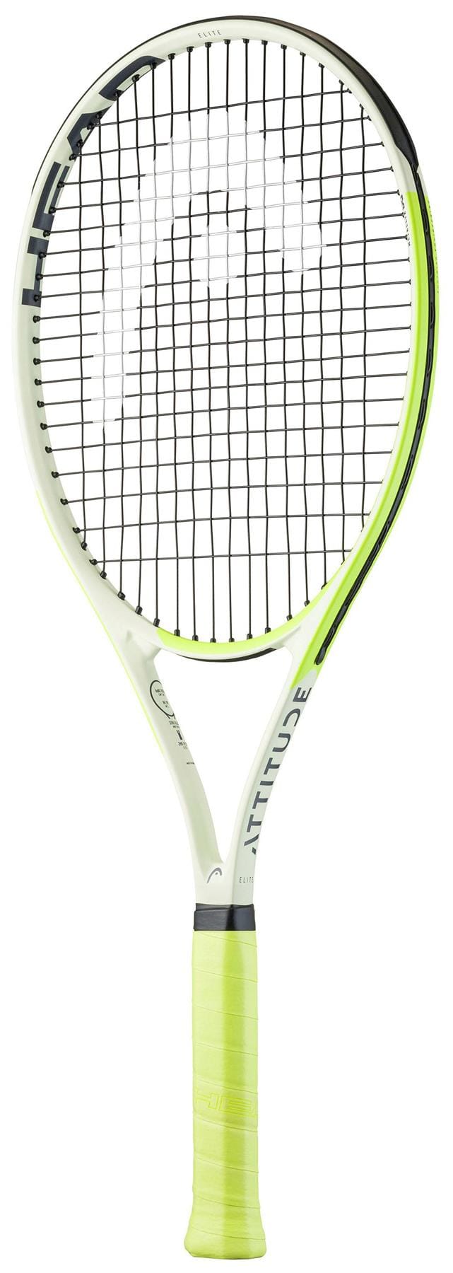 The HEAD MX Attitude Elite Tennis Racket by HEAD is shown with a white and yellow frame, black string pattern, and yellow grip—ideal as a lightweight beginner tennis racket against a white background.